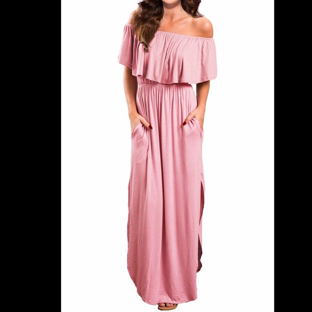 Off shoulder pink dress with pockets